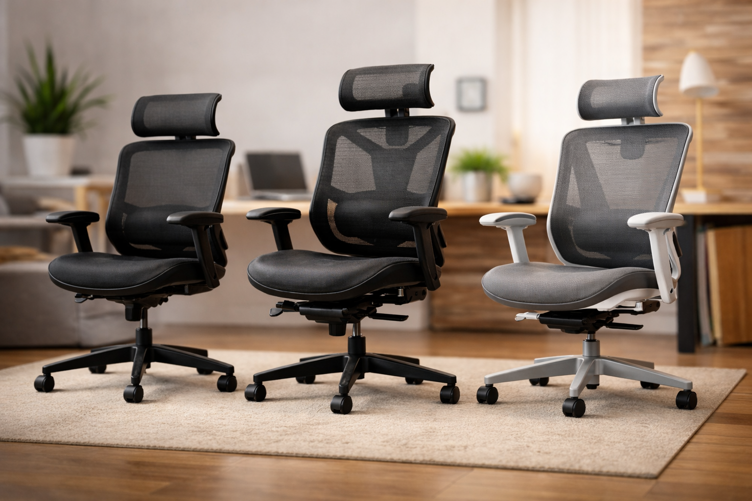 Three ergonomic home office chairs displayed side by side in a bright modern workspace, featuring a white mesh chair, a black mesh chair with headrest, and a black executive leather chair on a light rug with a desk and plants in the background.