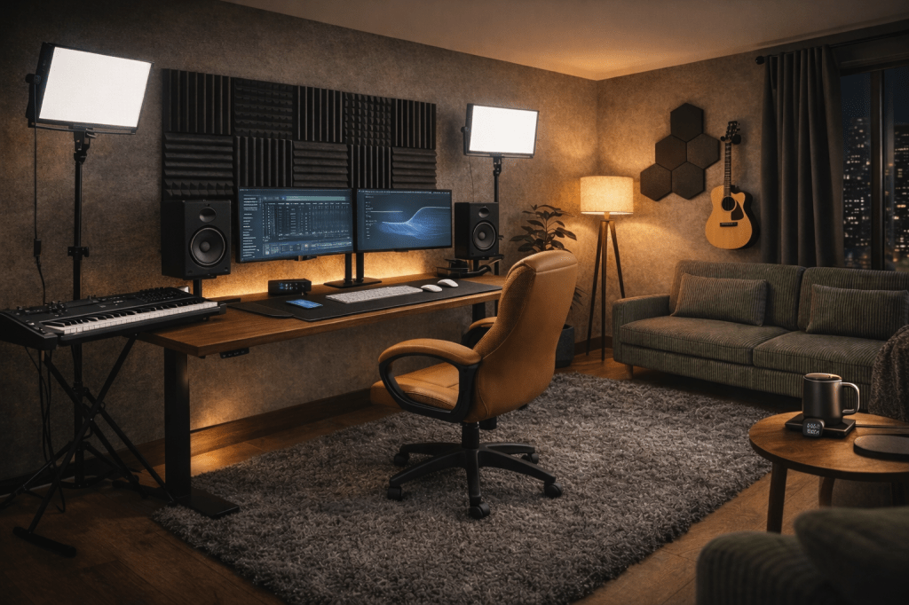 Modern small apartment home recording studio featuring walnut desk, dual monitors, studio speakers, acoustic foam panels, LED lights, caramel office chair, grey rug, green sofa and warm ambient lighting.