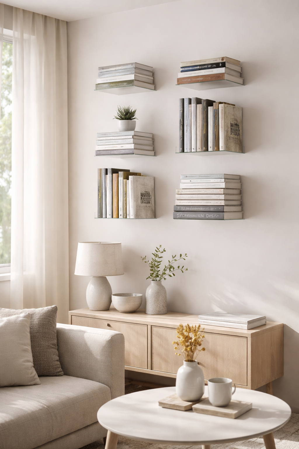 Small modern living room with floating invisible bookshelves mounted on a light wall, neatly stacked books appearing to float, soft natural sunlight creating calm minimalist atmosphere