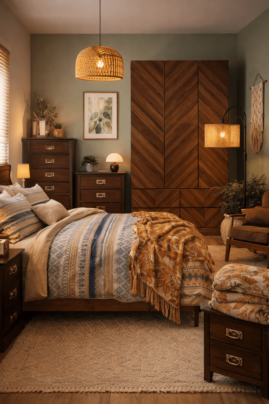 Boho style bedroom with dark wooden chevron wardrobe, striped duvet cover, woven throw blanket, rattan pendant light, floor lamp, chest of drawers and cosy neutral rug