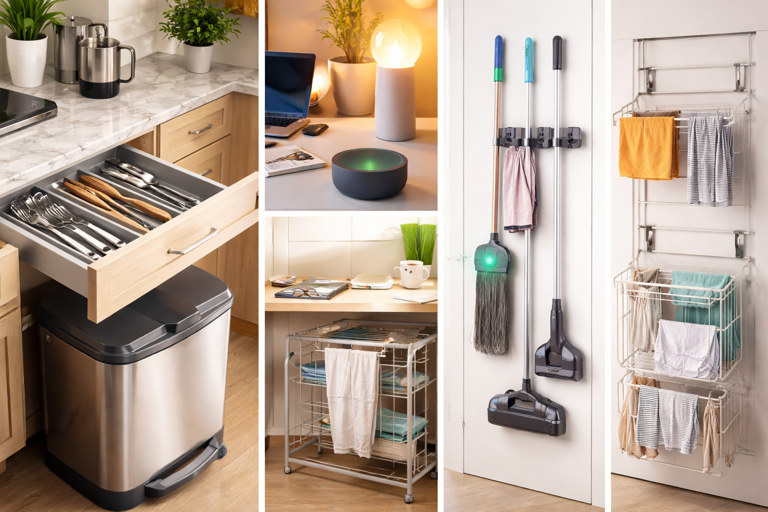 Modern minimalist home setup featuring practical everyday gadgets that improve organisation, cleaning efficiency, and daily living in a tidy apartment environment.