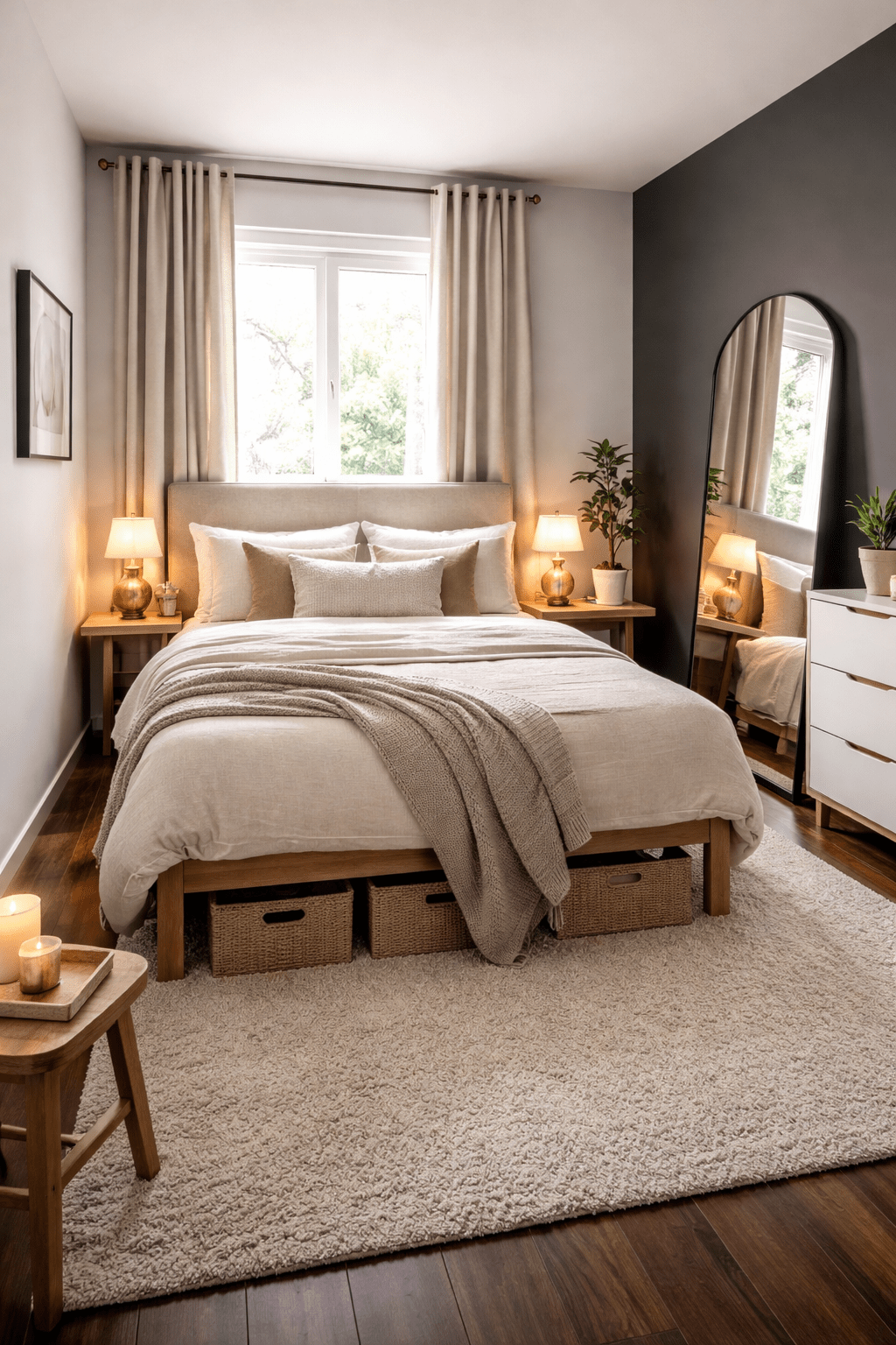 Vertical image of a small stylish bedroom with neutral bedding, floating bedside shelves, warm table lamps, a large leaning mirror reflecting natural light, under bed storage baskets, light rug and dark wood flooring.
