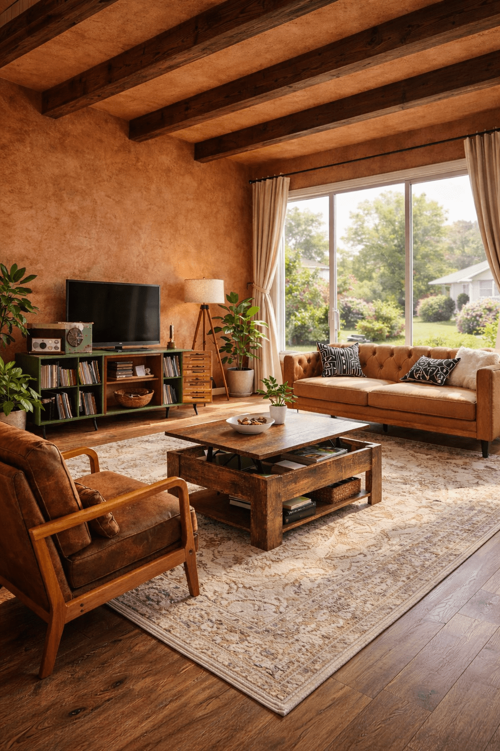 Warm terracotta living room with wooden ceiling beams, caramel leather sofa, rustic lift top coffee table, patterned neutral rug, mid century armchair, vinyl record cabinet and large glass doors looking into a sunny garden.